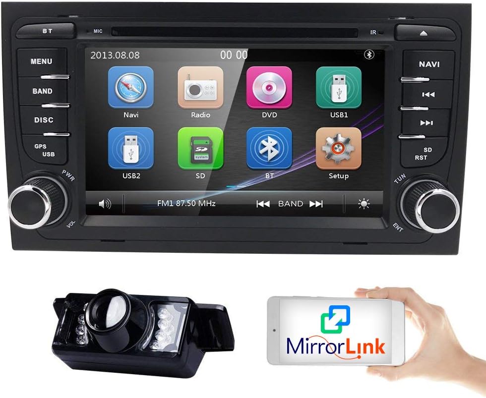 7 inch Touchscreen 2Din Car In Dash Stereo Radio for Audi A4 S4 RS4 Support GPS Navigation DVD Player Bluetooth USB SD Subwoofer iPod 3G Dual Zone 1080P IR Parking Camera