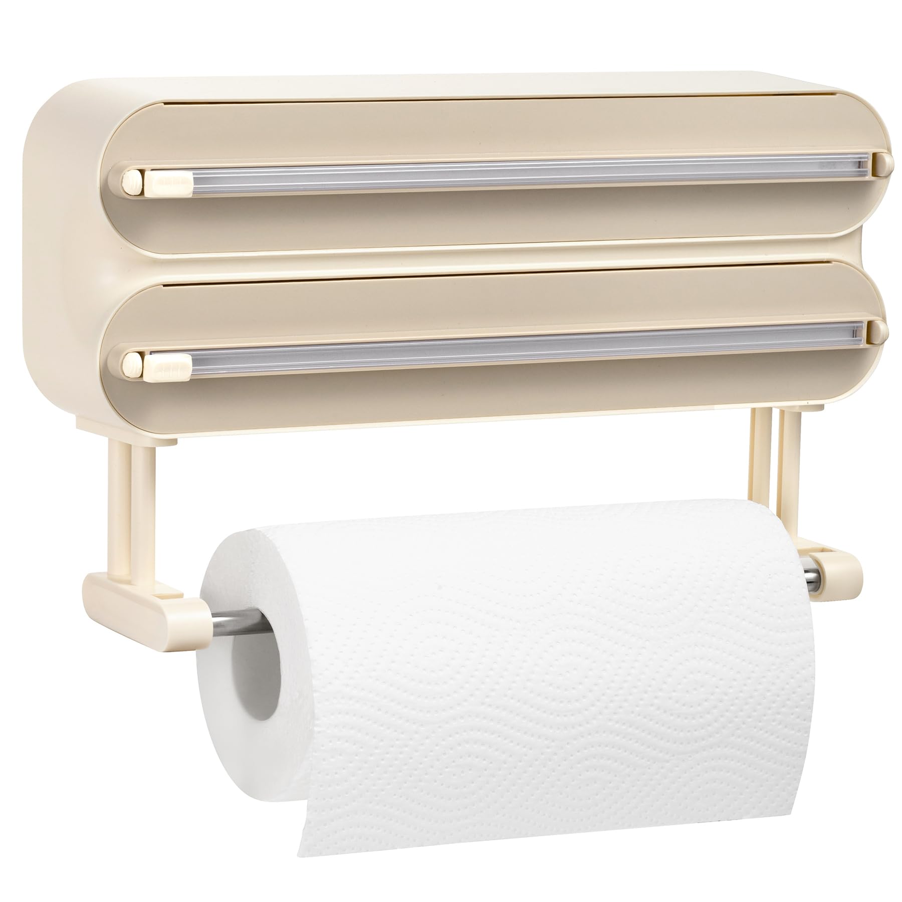 Distributeur Papier Aluminium et Film avec Port Essuie Tout - Magnétique et Murale sans Percer, Derouleur Film Alimentaire avec Coupeur pour Cuisine Organisée, Support Sopalin 3-en-1, Beige