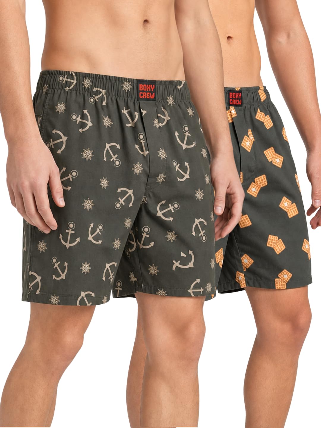Men's 100% Cotton Printed Boxer Shorts Pack of 2 with Dual Side Pockets and Fabric-Covered Waistband - Olive/Brown, Styles MBX020, MBX030-image-49