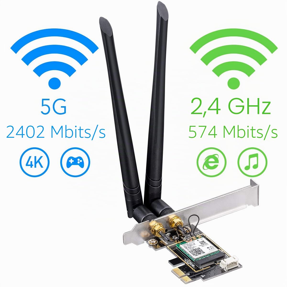 Cudy WE3000 Ax3000 Carte WiFi 6 PCIe pour PC, 2402Mbps + 574Mbps, AX200, OFDMA, Bluetooth 5.0/4.2/4.0, Windows 10 | Support Win10/11 64-bit; 2.4/5GHz Double Bande 2402+574 Mbps; 1024-QAM Tech; WPA3 Sécurité; MU-MIMO OFDMA; Deux 5dBi Antennes