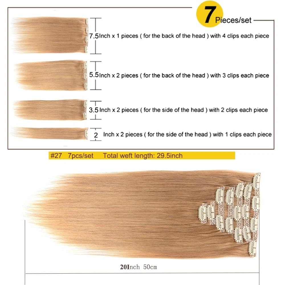 Przedłużenie na klips, naturalne włosy ludzkie Remy, ciemny blond ze złotymi refleksami, 120 g, 7 sztuk (18 cali)