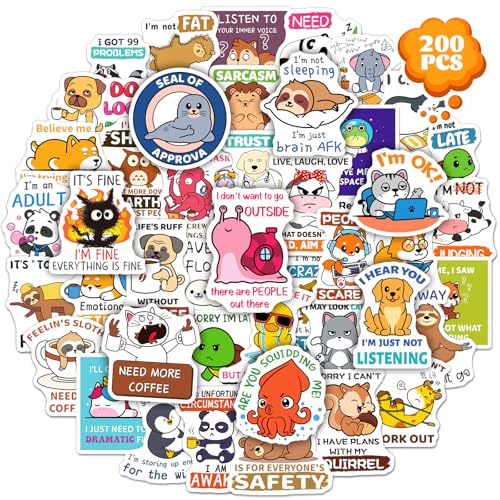 Yqskt 200PCS Funny Animal Quote Stickers, Cute Humor Animal Stickers Pack for Water Bottles Laptop Luggage Scrapbook, Vinyl Cool Funny Decals for Adults Teens