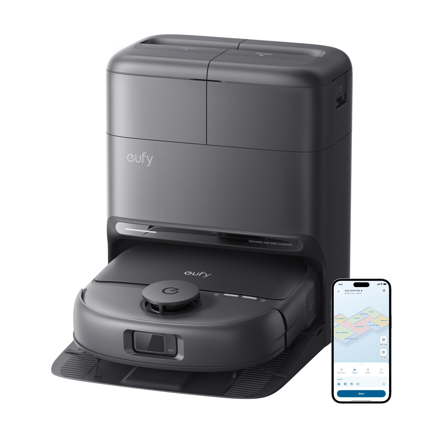 Robot aspirateur Laveur eufy C28 | Rouleau-serpillère HydroJet autonettoyant, 15 000 Pa, combo 5-en-1, conception anti-nœud, évitement des obstacles par IA