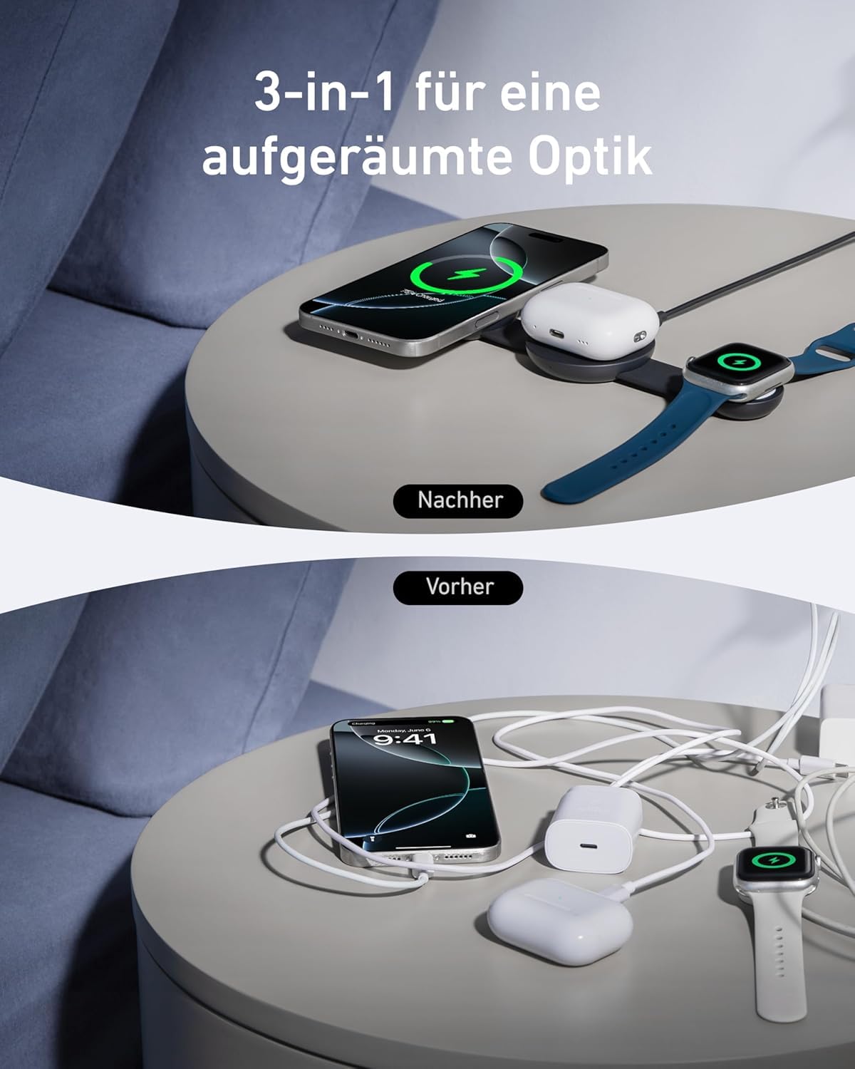 Anker MagGo 3-in-1 Kabellose Ladestation (mit EU/US/UK Stecker), MagSafe-Kompatibles Qi2-Zertifiziertes 15W Ladegerät, Faltbares Reise-Ladepad für iPhone 17/16, AirPods, Apple Watch (Keine Powerbank)