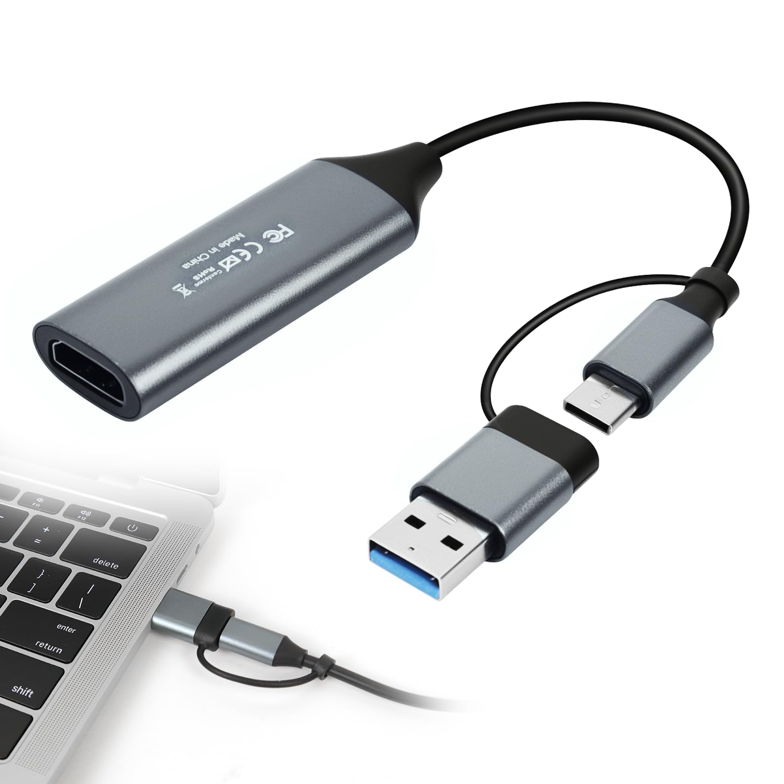 Karta przechwytywania wideo, karta przechwytywania audio USB 3.0 HDMI na USB C, przechwytywanie 4K 1080p 60 FPS z adapterem typu C