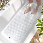 HITSLAM Bathtub Mat antidérapant, 89 x 40cm Tapis de baignoire long, tapis de douche de salle de bains lavable en machine avec ventouses et trous d'écoulement, sèche rapide et facile à nettoyer, accessoires de salle, clair