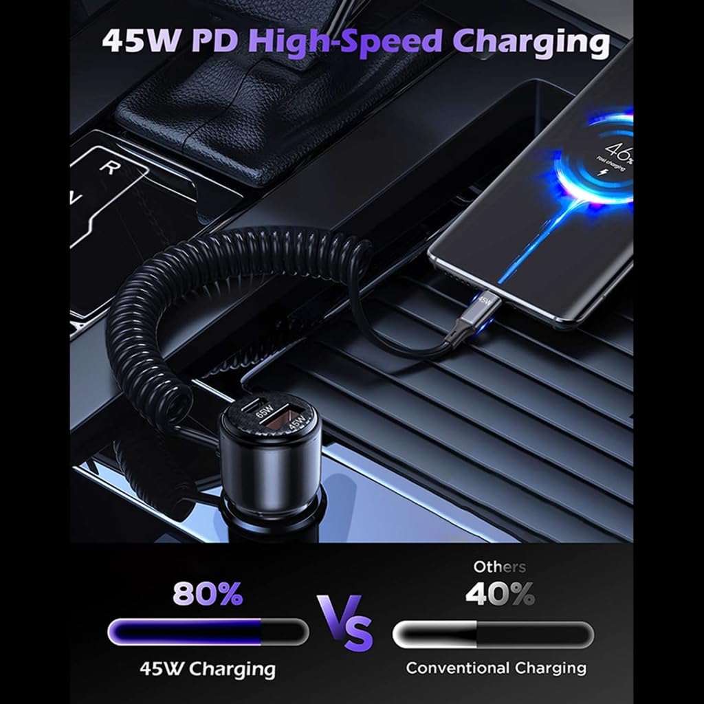 Adapter ładowarki samochodowej 65 W do szybkiego ładowania 12-24 V z kablem spiralnym typu C 45 W