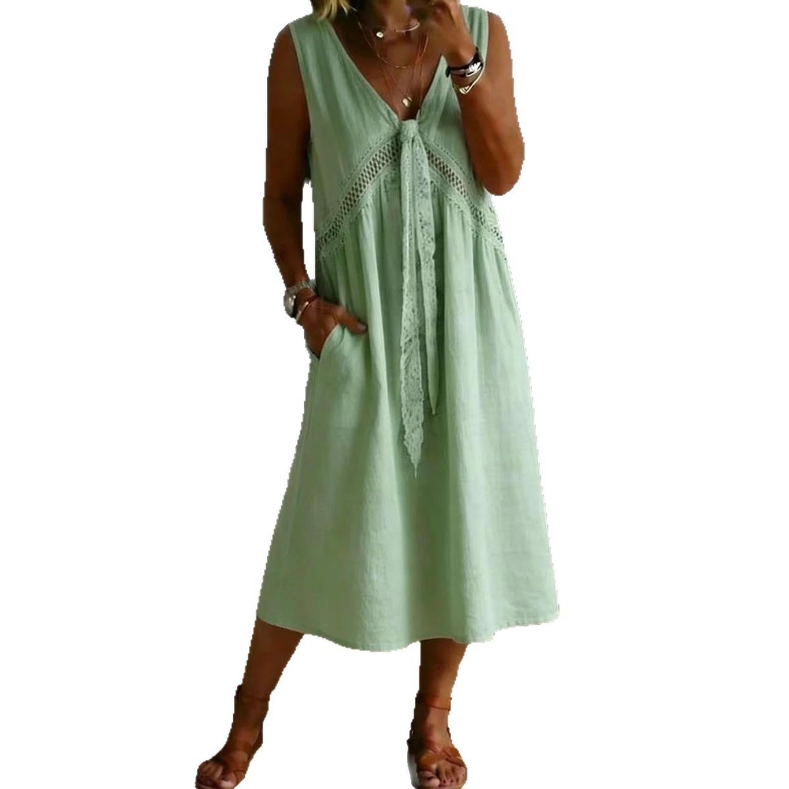 Vestito Abito Lungo da Donna Senza Maniche con Scollo A V – Spiaggia Casual-Rosa-s