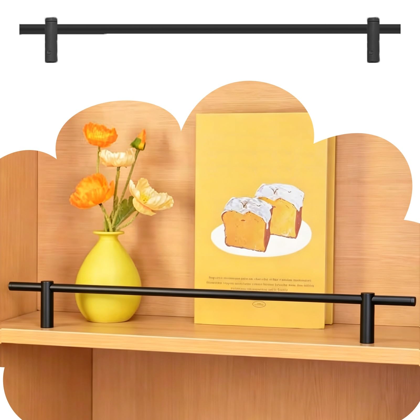Brushed Gold Aluminum Alloy Shelf Guard Rail, Black Gallery Rails for Shelves 20 24 28 48 72 inch Long, Decor Tipping Rails Set with Screws and End Post(Black,38inch/96.5cm)