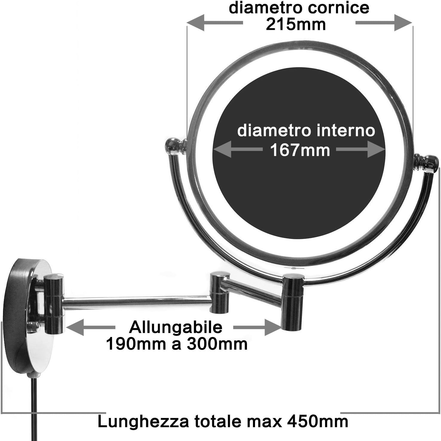 LED 8.5 Pollici Specchio a Parete, 21,5cm Doppio Facciate LED Illuminato Specchio Muro, con Spina EU (Tipo F), Design Pieghevole, Vera Metallo Cromato, Ingrandimento 7X, KXD3129-7x