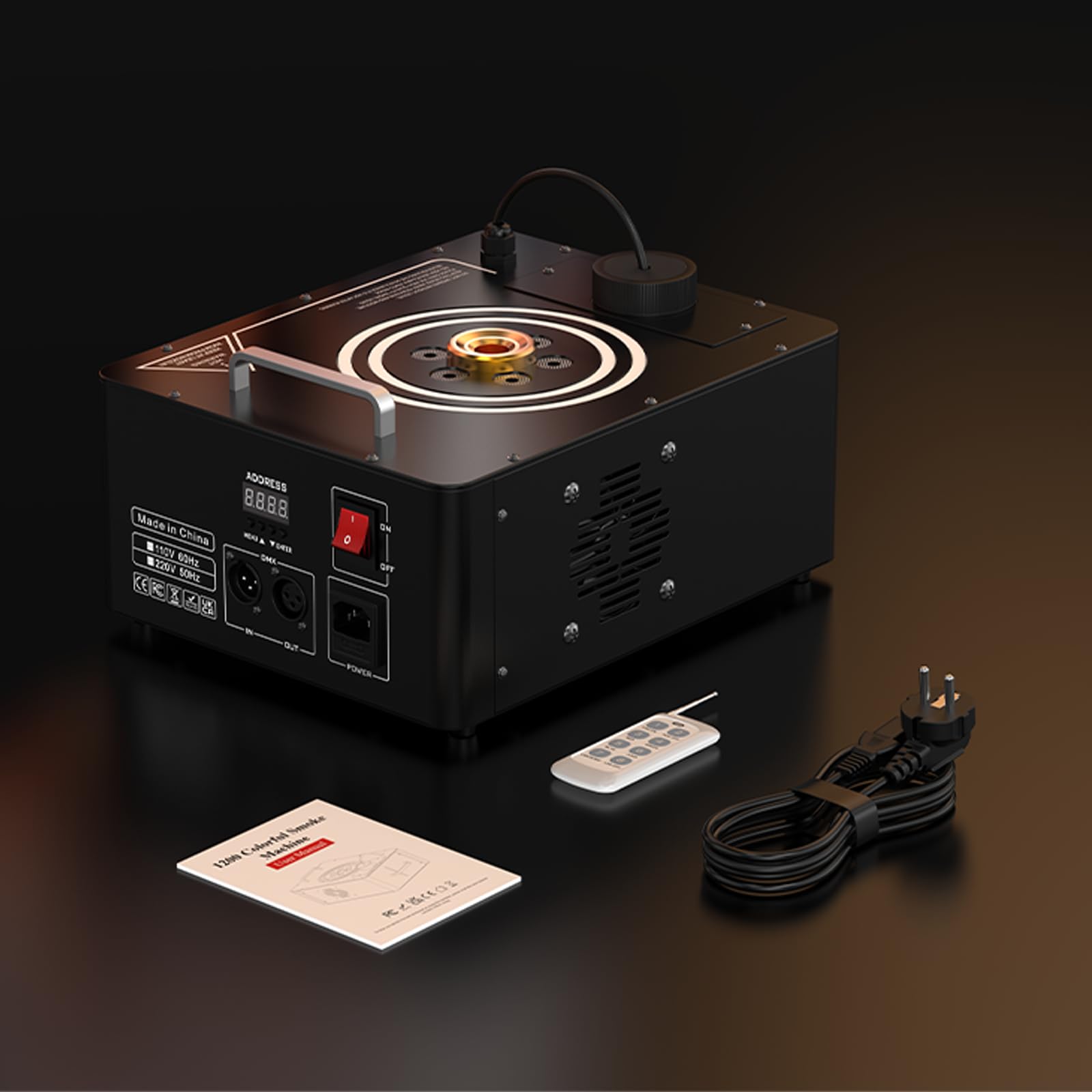 Máquina de Humo, 1500W Suspendible Fog Machine DMX con 6 RGB LED y Anillos Luminosos, 3000CFM con Remotos Inalámbricos y 4 Efectos de Iluminación para Halloween Navidad Fiesta Bodas DJ