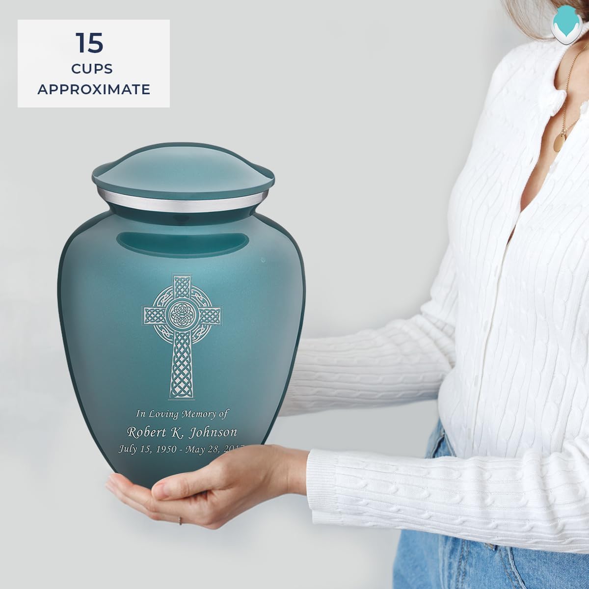 Geturns - Adult Personalized Celtic Cross Cremation Urns for Human Ashes I Large Teal Funeral Urn for Men and Women I 200 lbs