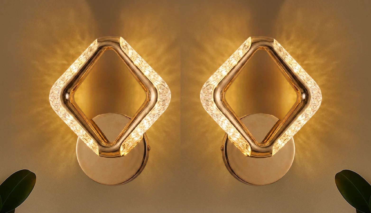 Groeien Pack of 2 | 10W | 3 Color Modern LED Diamond Shape Crystal Wall Sconce Gold Wall Light for Bedroom Living Room Corridor Lighting Fixtures Wall Mount(Diamond Crystal-Golden, 2)-image-16