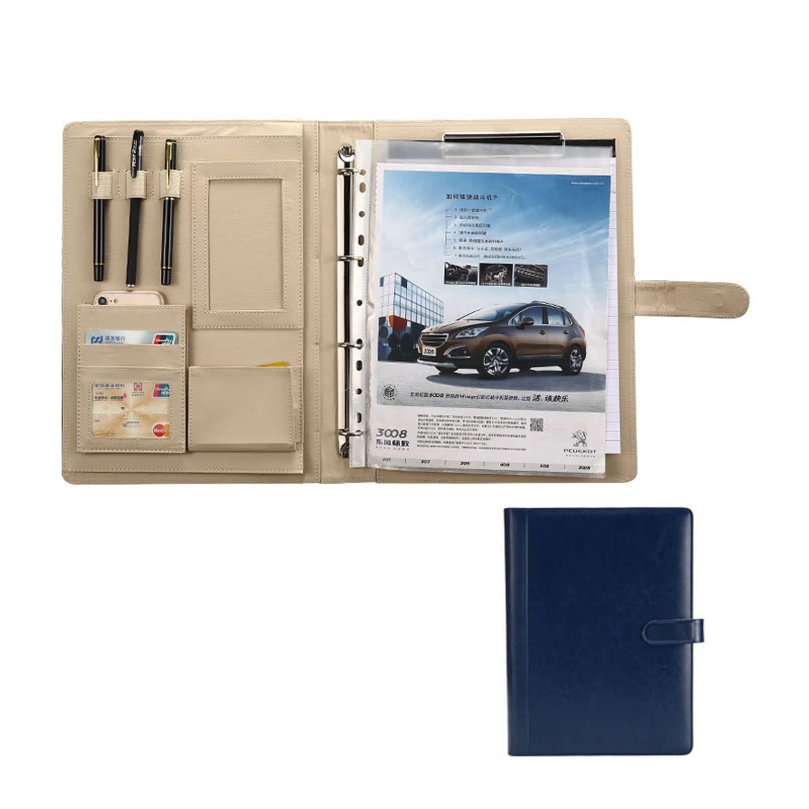 Raccoglitore ad Anelli in Pelle PU con portablocco Riprendi Portfolio in Cartella in for A4 for conferenze aziendali Padfolio for Lavoro(Blue)