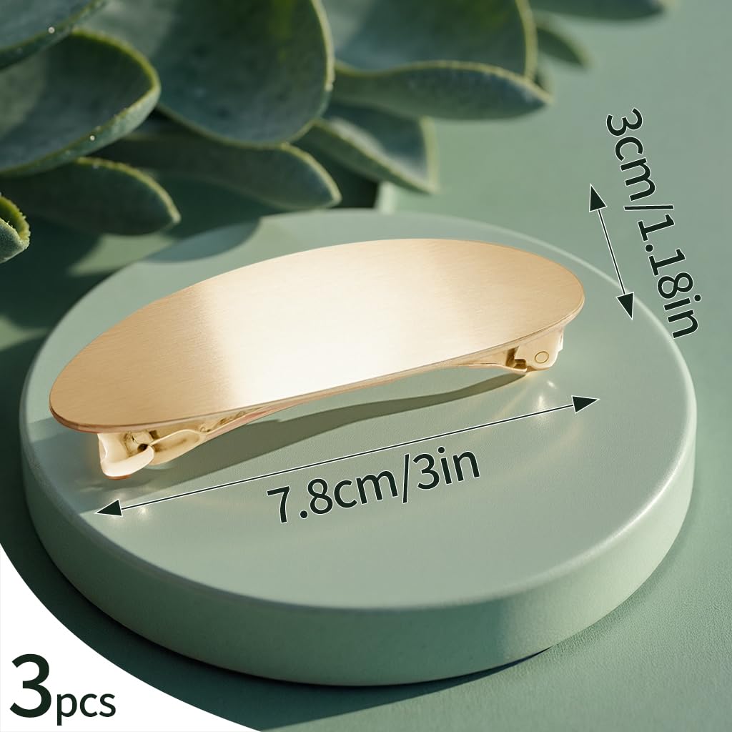 Mbsomnus 3 sztuki francuskich spinek do włosów, 8 cm, dla kobiet, metalowe, francuskie włosy, płaskie, owalne, złote spinki do włosów, kok, automatyczna ozdoba do włosów dla kobiet i dziewcząt, do