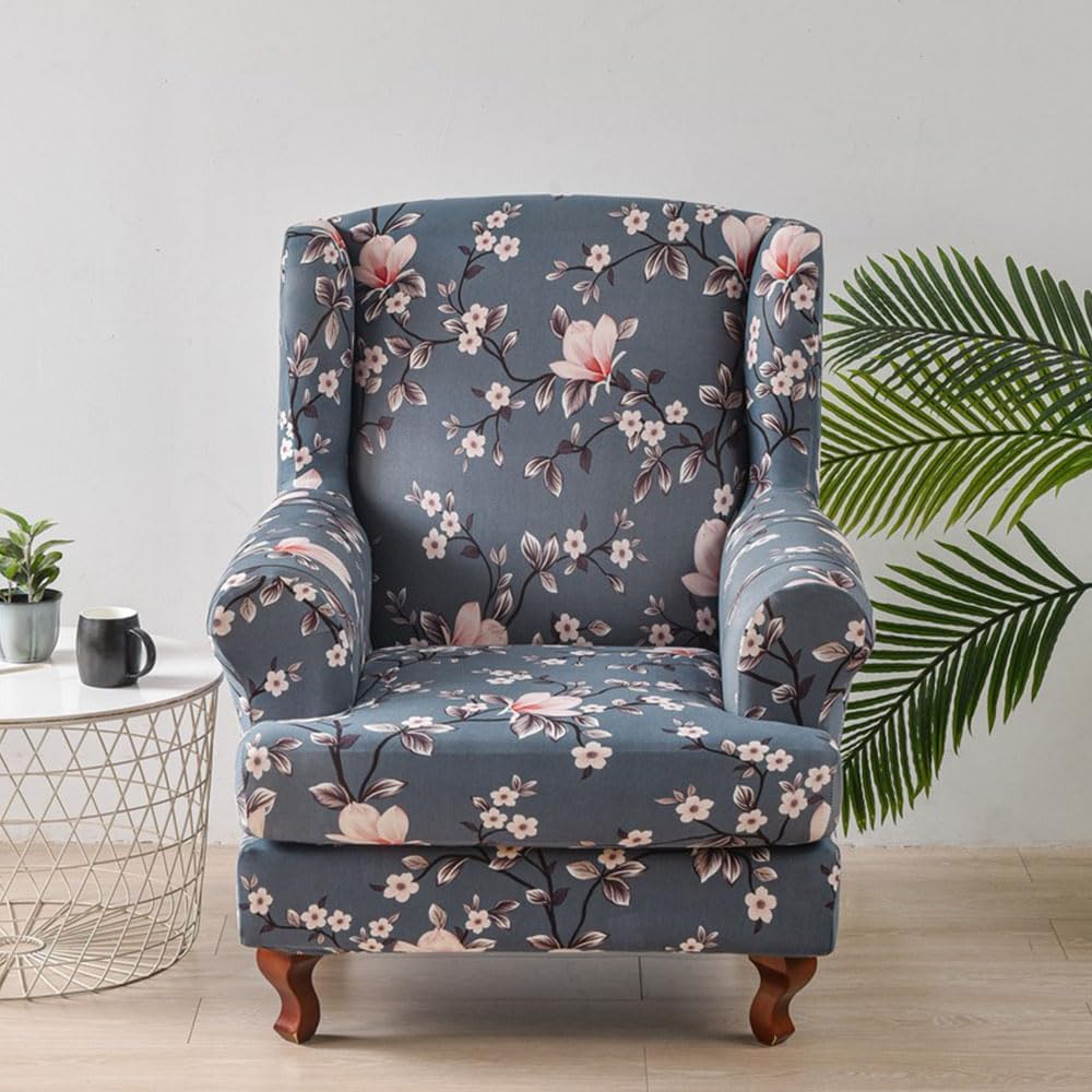 Chickwin Stretch Wingback Chair Slipcover, Botanical Print Living Room Chair Covers Furniture Protector, Spandex Wing Back Chair Covers with Arms (Plum Bossom)