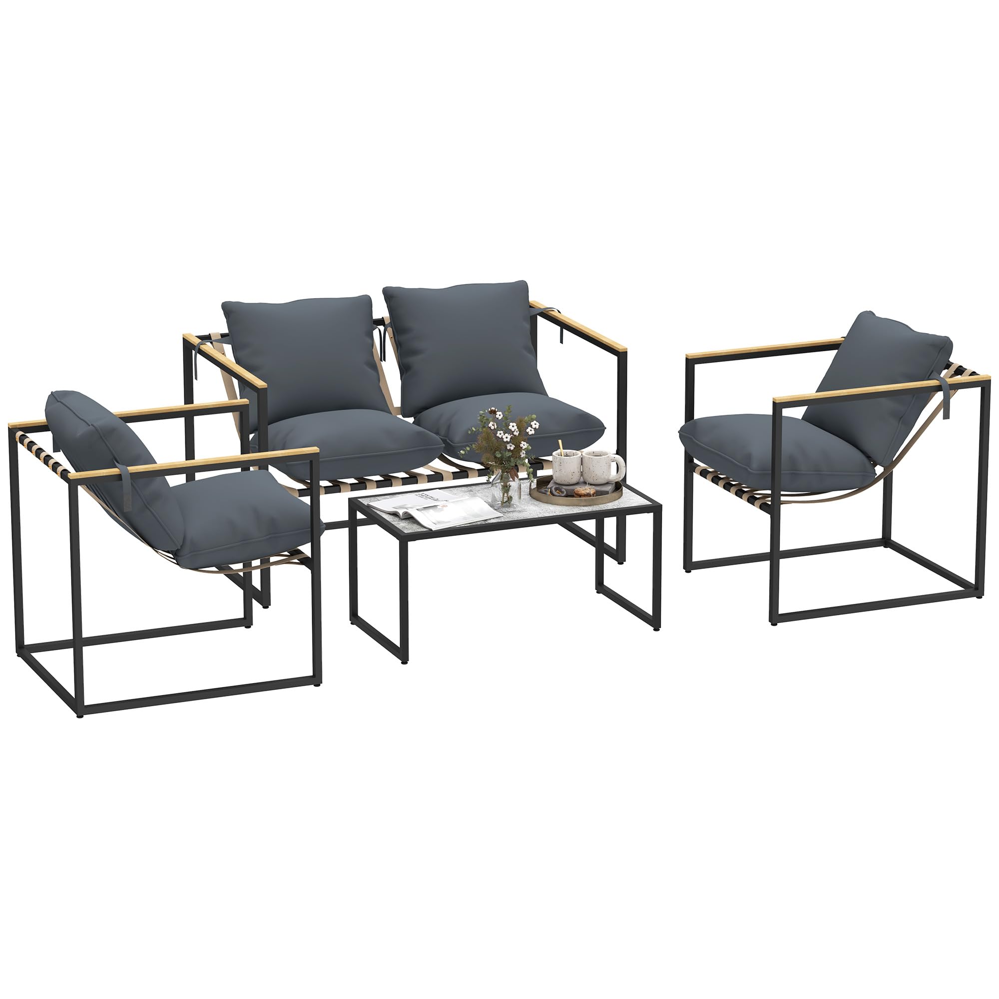 Outsunny Stahl Gartenmöbel Set 4 Personen wetterfest Balkonmöbel-Set mit 2er Sofa 2 Sessel, Sitzkissen, Beistelltisch, Outdoor Sitzgruppe Terrassenmöbel Gartengarnitur für Garten Terrasse Balkon Grau