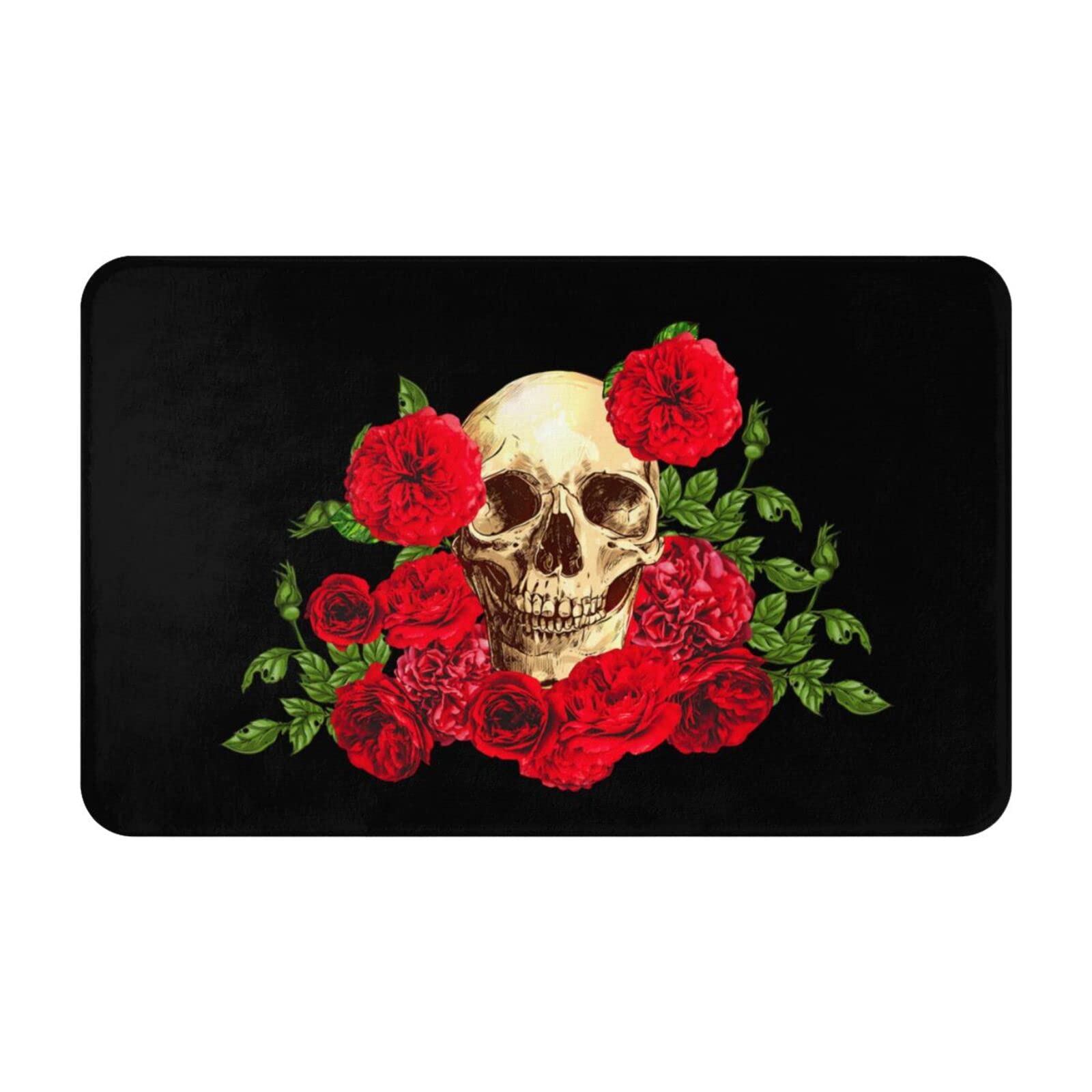 JOOCAR Welcome Doormat Indoor Decor Skull Doormat Red Flower and Green Leaf Skull Rug Anti-Slip Rubber Back 40x60 cm Novelty Mat