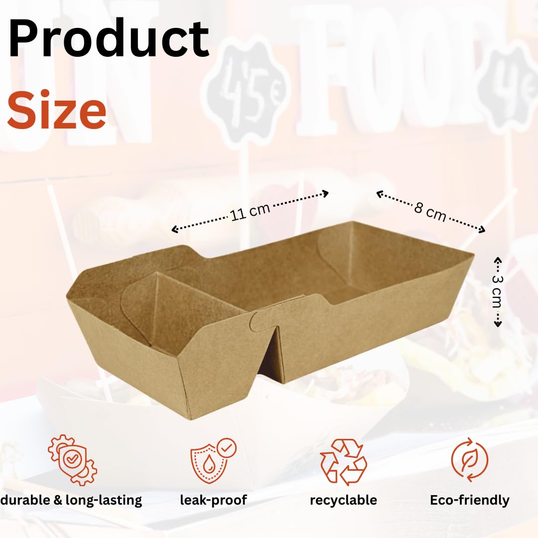 Enpack Snackschale A22-100 Snackschalen aus Kraftkarton - Einweg Pommesschalen - Pommes-Frites-Trays - Snack Container - Fingerfood Schiffchen mit 2 Fächer beschichtet - abbaubar 9x18x3,5 cm