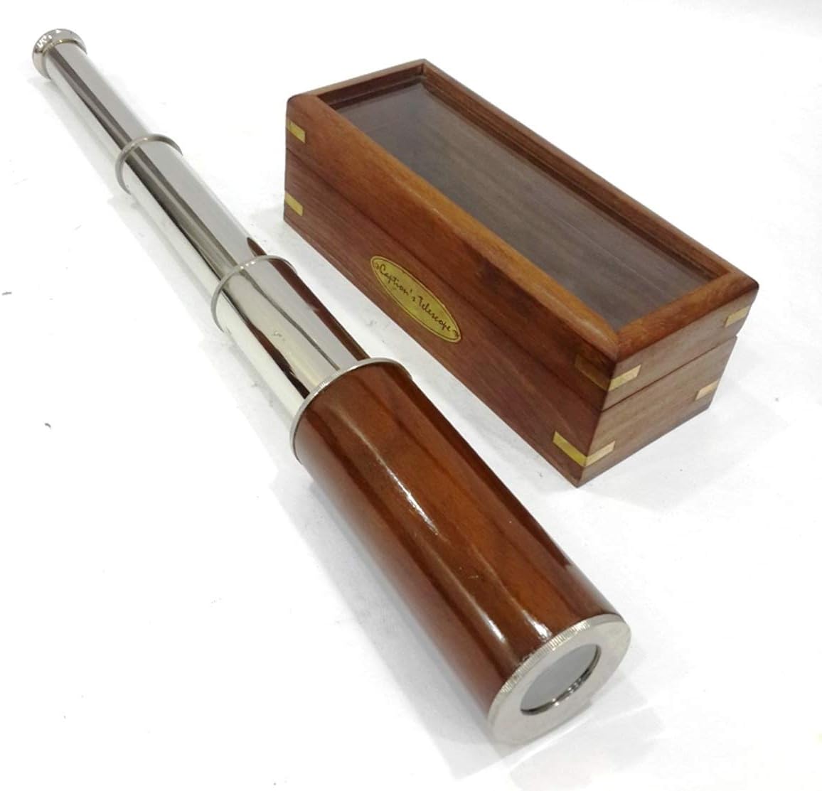 14" Vintage Style Solid Brass Nautical Telescope with Glass Wooden Box Rustic Vintage Home Decor Gifts