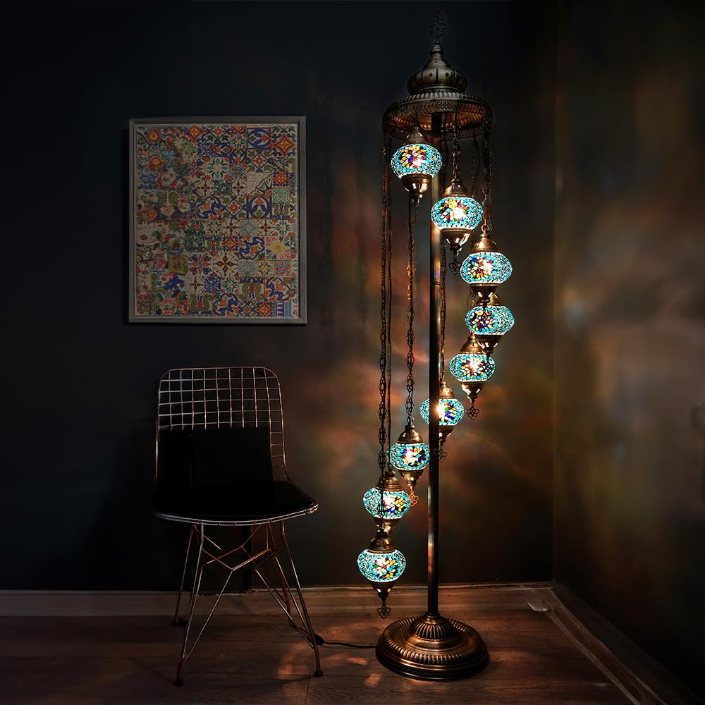 Turkish Lamp 9 Globe Mosaic Floor Lamp, Mosaic Standing Lamp, Moroccan Lamps Floor Lamp for Decorative Home Designs Offer 5 inch Globe - Total Height 70 inch (Turquoise)
