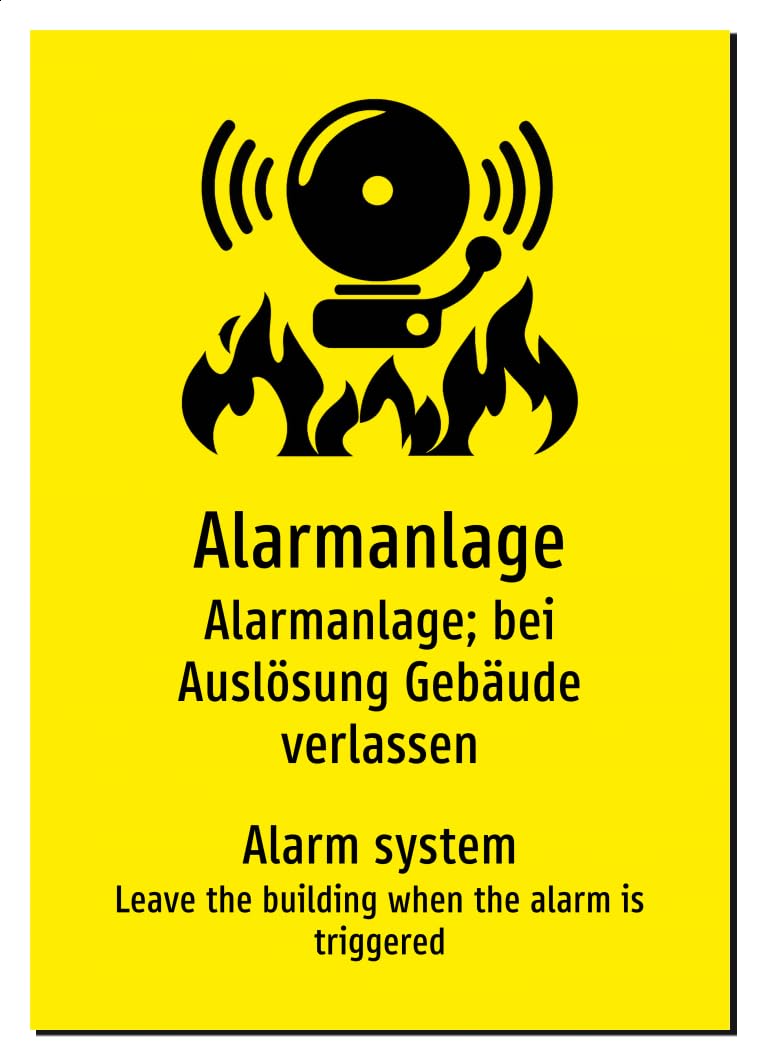 34192-DEEN-S-06 | Alarmanlage Schild/Aufkleber - Deutsch Englisch, | Aluminiumschild A5, 210 x 148mm | mit Symbolgrafik und Text