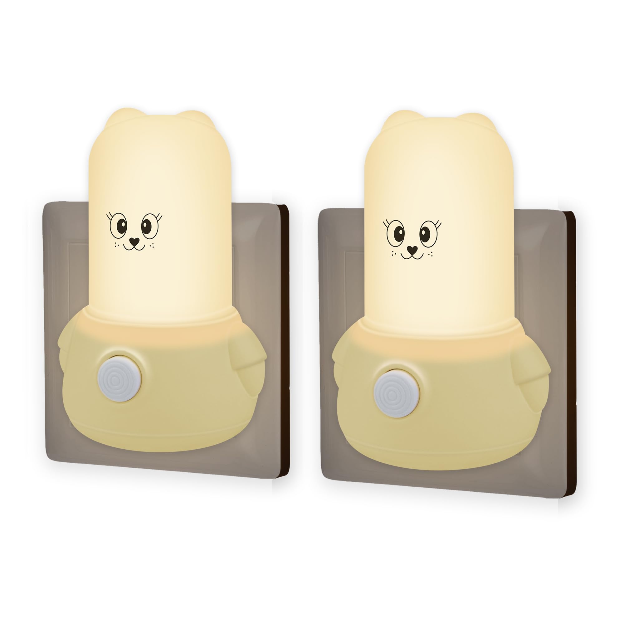 Wetry Kinder Nachtlicht Steckdose mit Druckschalter, 2er Pack, Bären | Warmweiß Licht, Energieeffizient, 1W, Niedliches Tier-Design