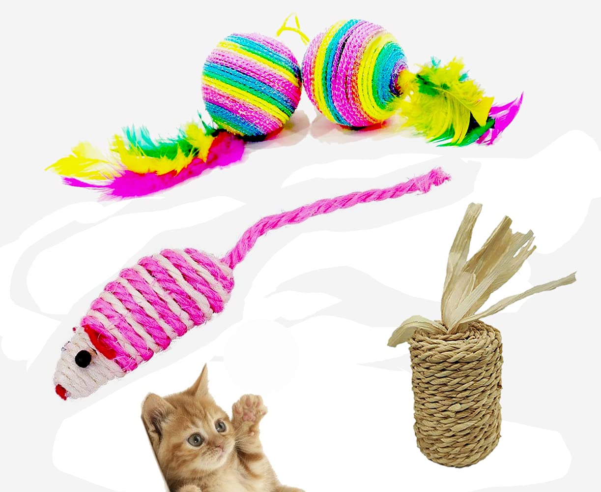 BLACKDOG Pack of 3 Cat Toys for Kittens Cat Interactive Toys Jute, Feather Cat Playing Toys Chew Mouse Pink Mouse with Colorful Cat Ball Animal Toy for Cat 3 in 1 Combo Pack (B09FY7FP28) Amazon Price History, Amazon Price Tracker
