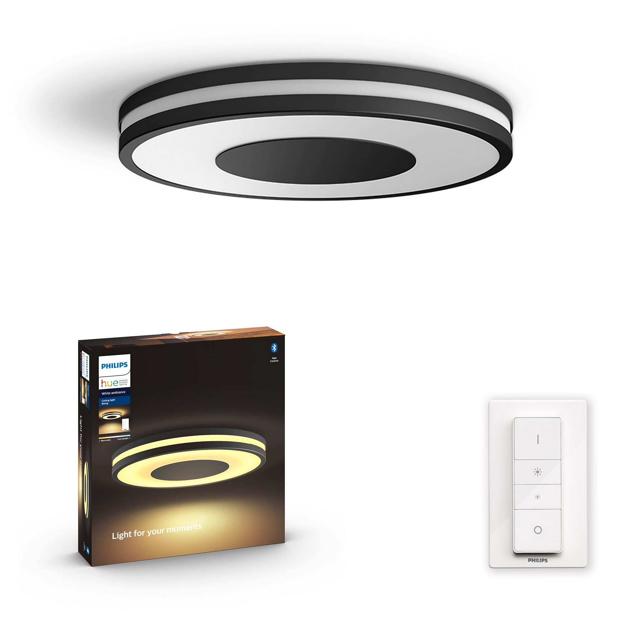 Philips Hue – Lámpara inteligente, Hue Being, Plafón LED Inteligente, Luz Blanca de Cálida a Fría, Compatible con Alexa y Google Home, Color Negro