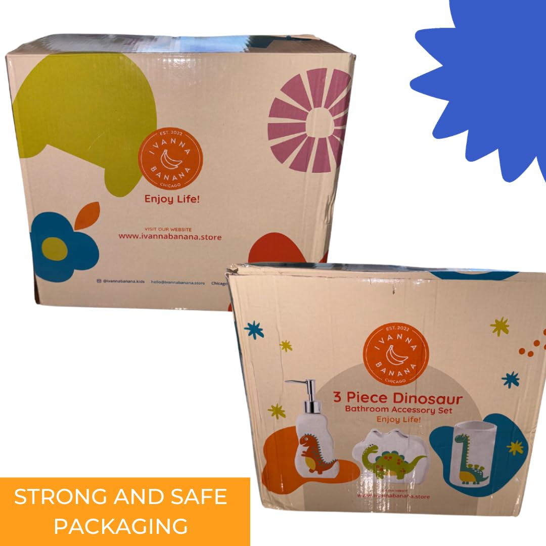 Juego de baño de dinosaurio para niños – 3 piezas divertidos accesorios de baño para niños, incluyendo soporte para cepillo de dientes, dispensador de jabón y taza – Adorable decoración