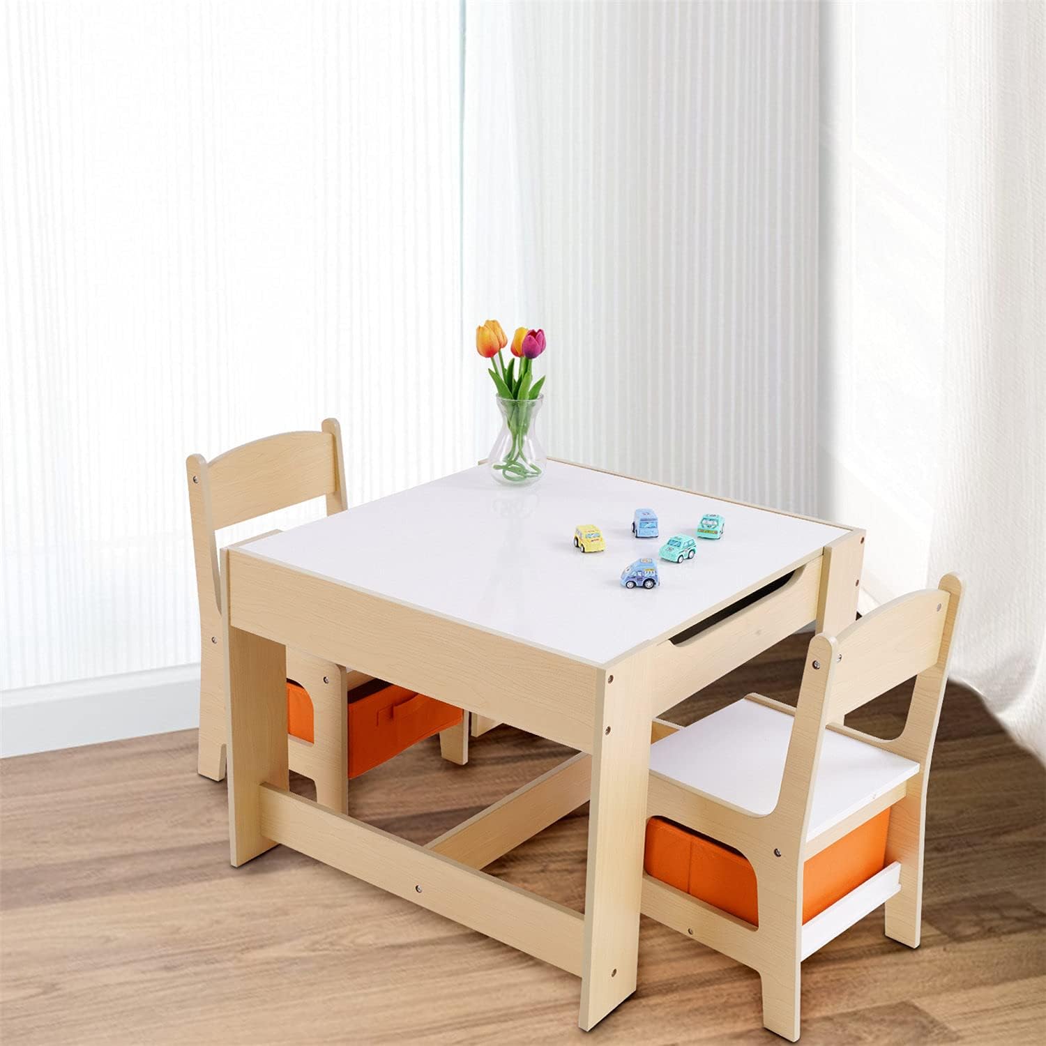 WZFANJIJ Juego de Mesa y sillas para niños 2 en 1 con 2 cajones de Almacenamiento, Muebles de tamaño Infantil de Mesa Desmontable de Doble Cara para niños pequeños, Escritorio de Arte con 2 Asientos