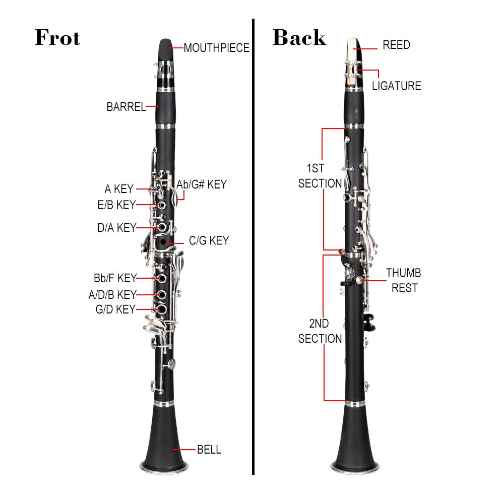Ktaxon Bb Flat Clarinet Mid-range Bakelite Beginner & Student Clarinet, Nickel-Plated 17 Keys B Tone Clarinets with Hard Case, 10 Reeds, Gloves, 2 Mouthpieces Connector (Black)