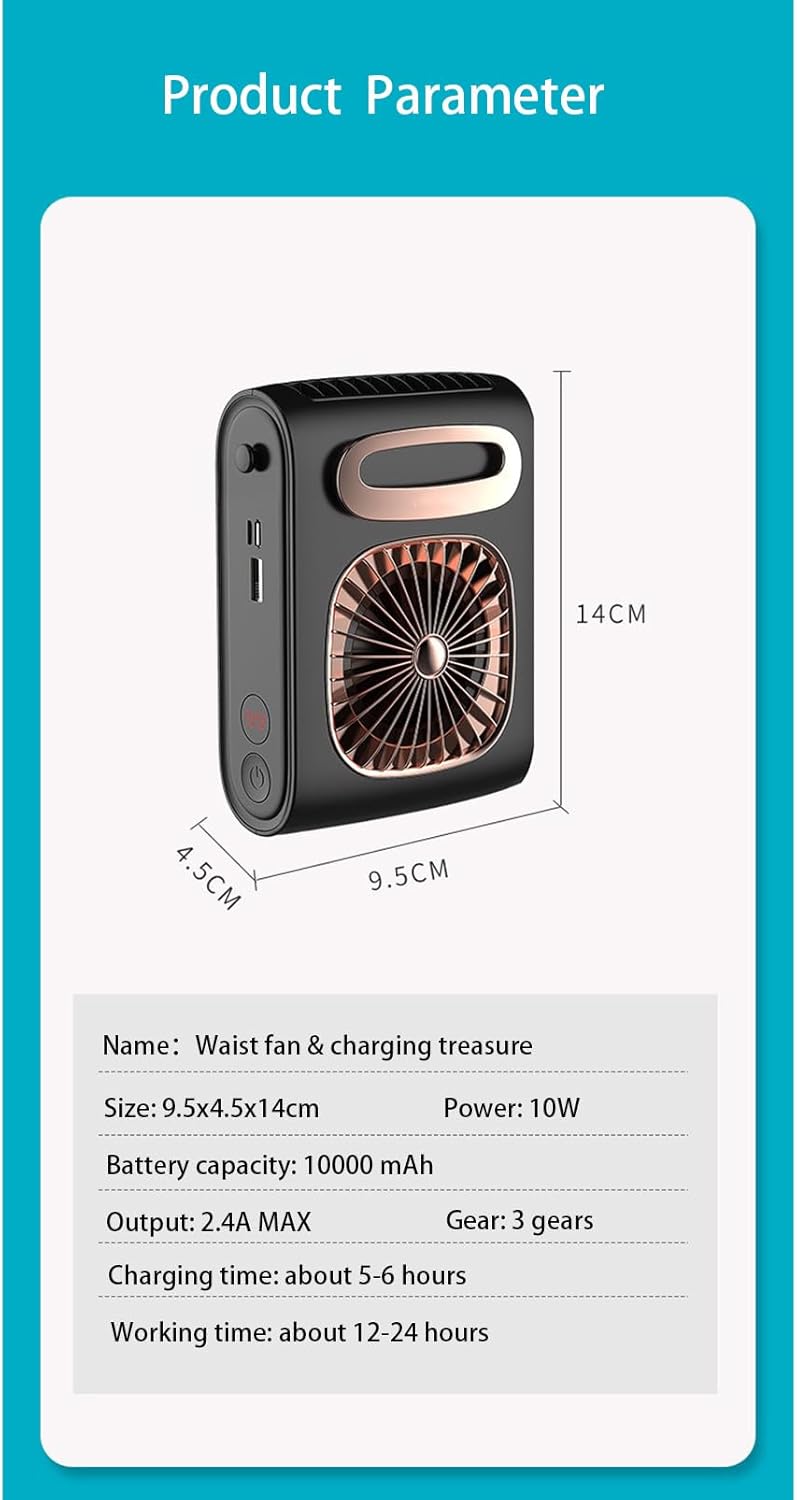 Hanging Waist Electric Fan 10000mAh Portable Waist Clip Fan 3 Speeds Neck Hanging Personal Fan Mini Waist-mounte Rechargeable Fan,Black,10000 mAh