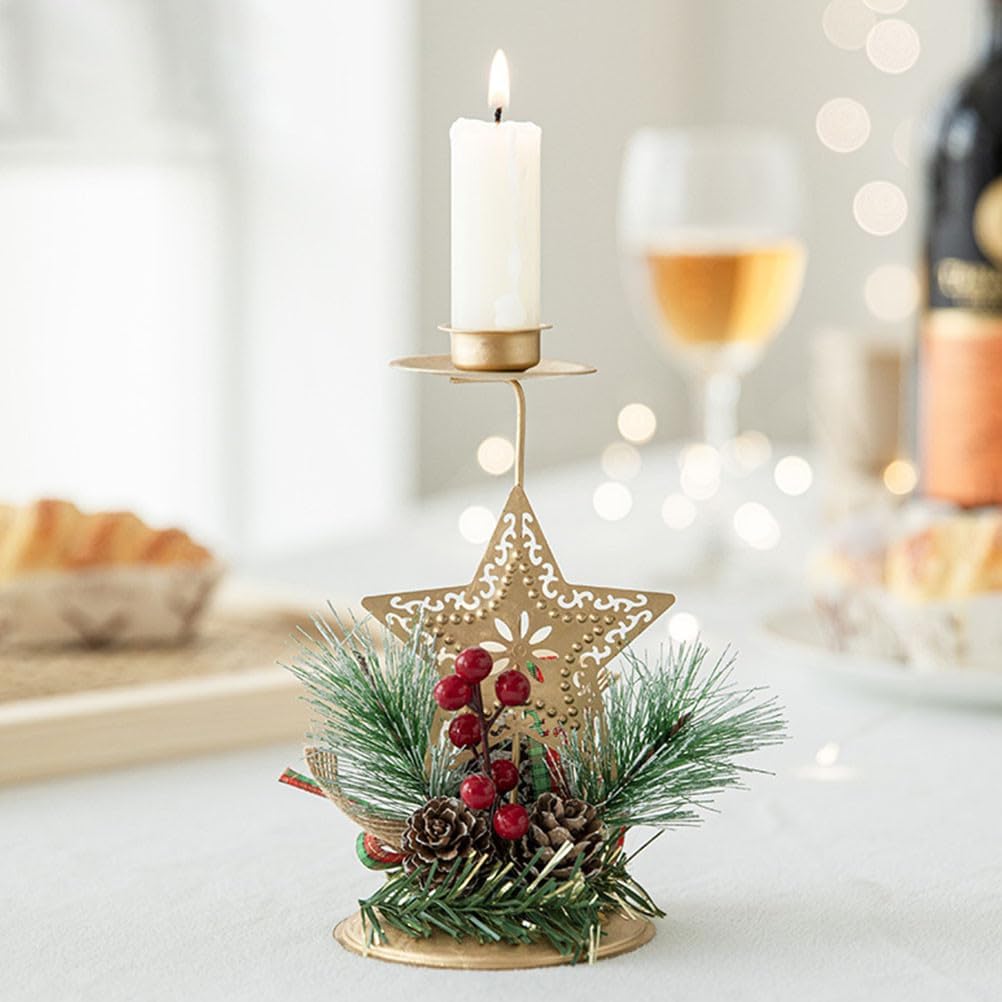 Unomor 2pcs Christmas Candle Holder Decorative Candlestick Xmas Tabletop Decor for Holiday Parties Iron and Wood