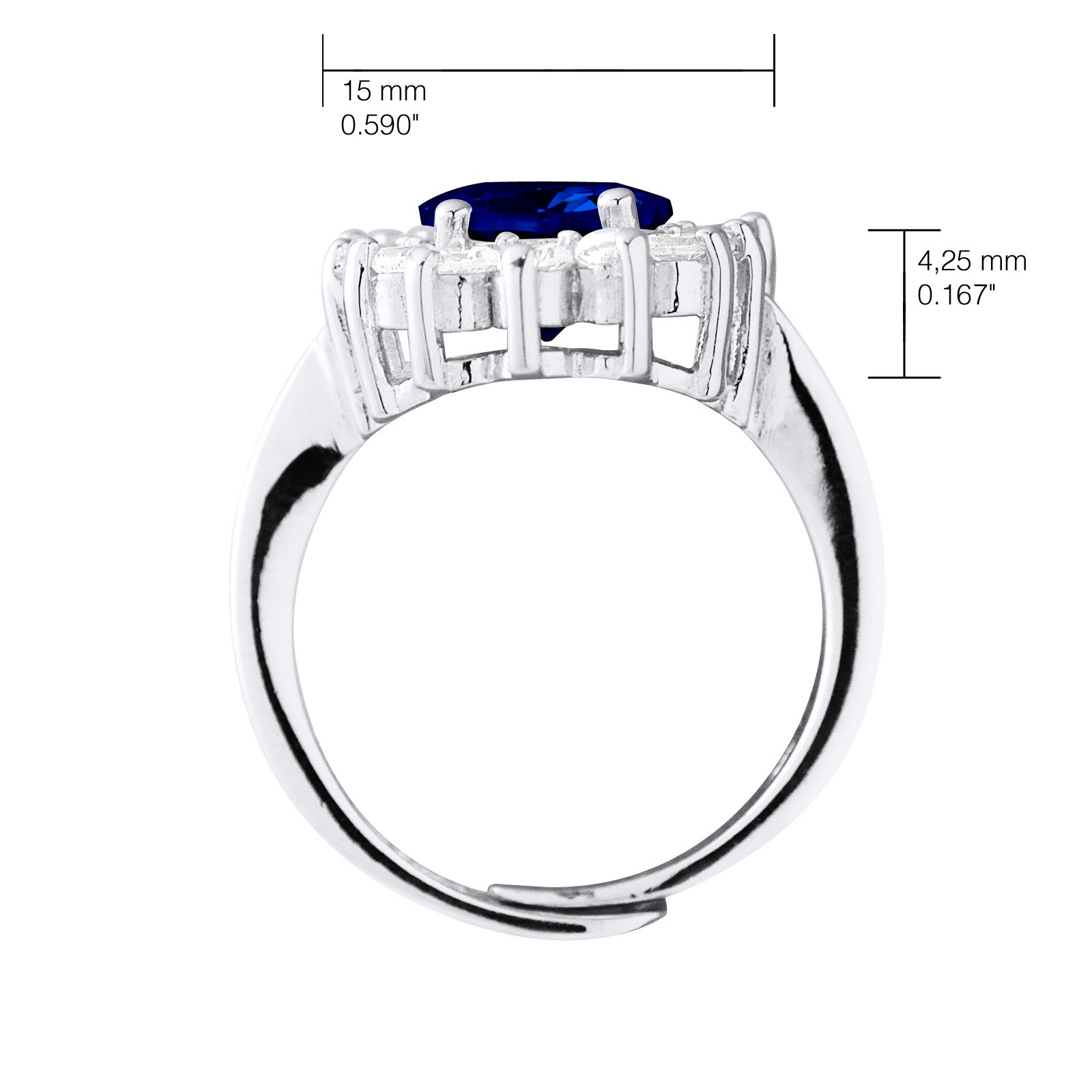 Essens - Bague SAPHIR Princess Diana - Collection SO CLASSIC Taille Ajustable - Saphir de Synthèse, Oxydes de Zirconium et Argent 925 - Bijou Femme