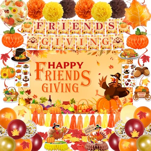 174Pcs Friendsgiving Party Decorations Happy Friendgiving Decorations Includes Banner Backdrop Balloon Hanging Swirls Maple Leaves for Fall Thanksgiving Friends Giving Pumpkin Party Supplies