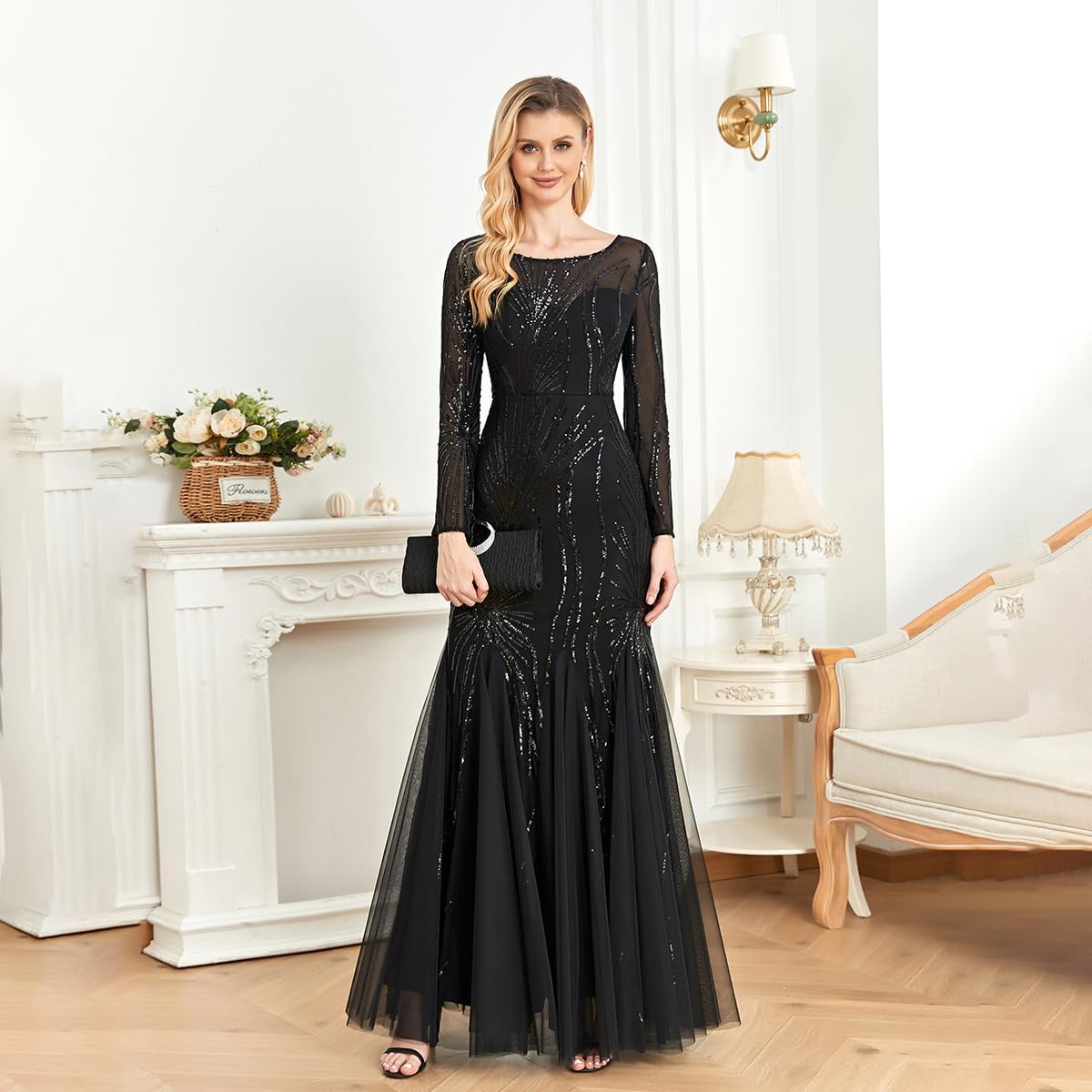 Long Sleeve Sequin Evening Dress Glitter Mermaid Long Gown for Mother of The Bride Or Wedding Guest - Image 3
