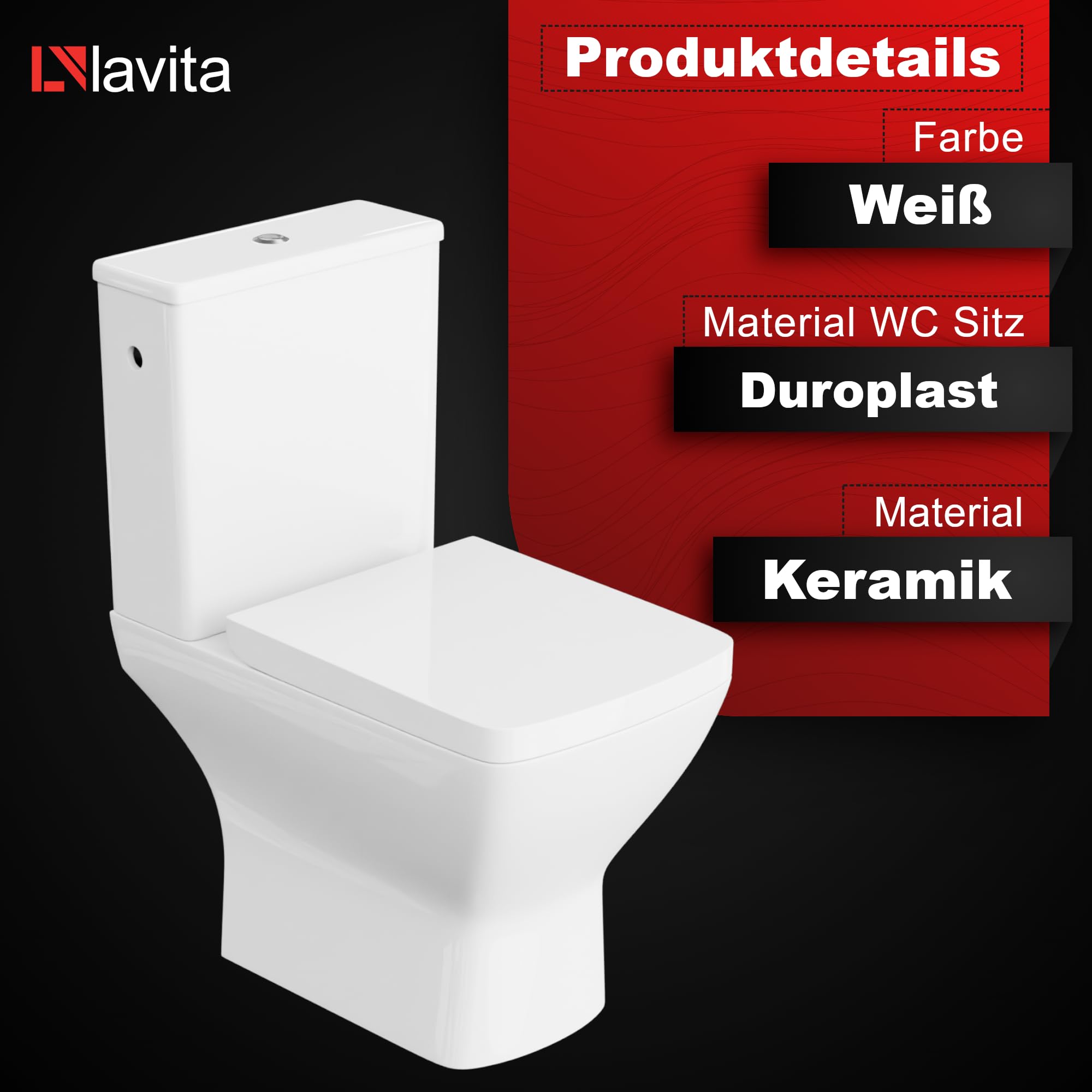 LAVITA WC a pavimento monopezzo con cassetta di risciacquo incorporata, coperchio WC con abbassamento automatico in ceramica, senza bordi
