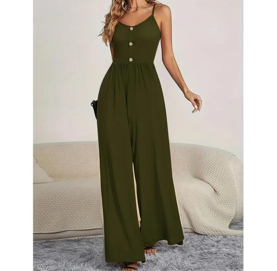 Yeuyyben Enterizo sin mangas con tirantes y pierna ancha para mujer, con botones, casual, cintura alta, ajuste holgado