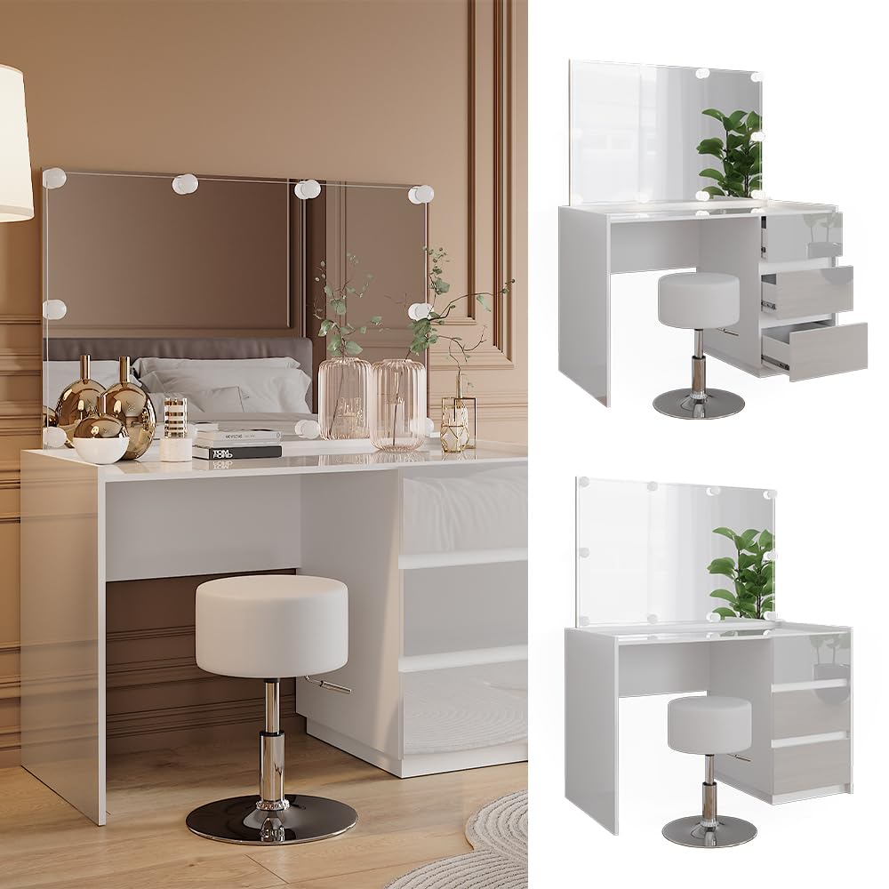 Vicco Schminktisch Marla, Weiß Hochglanz, 120 cm | mit Spiegel, Hocker, LED-Lichterkette, Große Tischfläche für Make-up, Schmuck und Styling-Utensilien