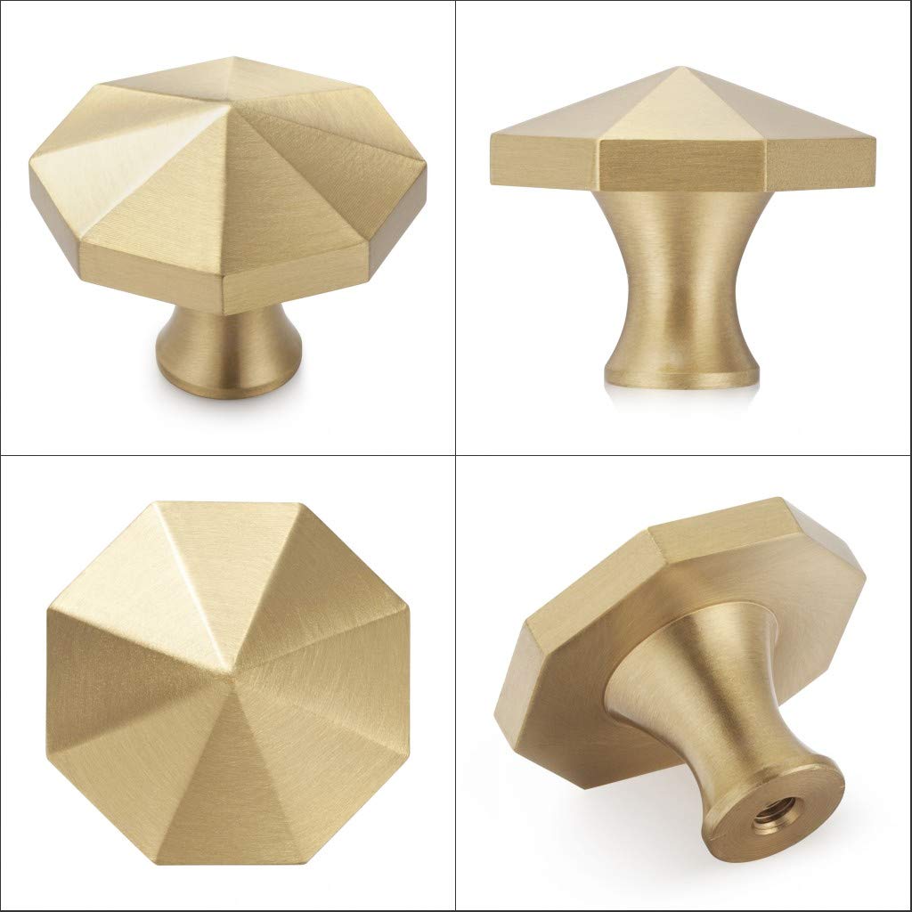 YANGQIHOME Lot de 10 Boutons de Meuble en Laiton Brossé, Boutons de Tiroir de Commode en Or, Pour Armoires, Placards, Salle, Bain et Cuisine, 33 x 25mm (octogone)