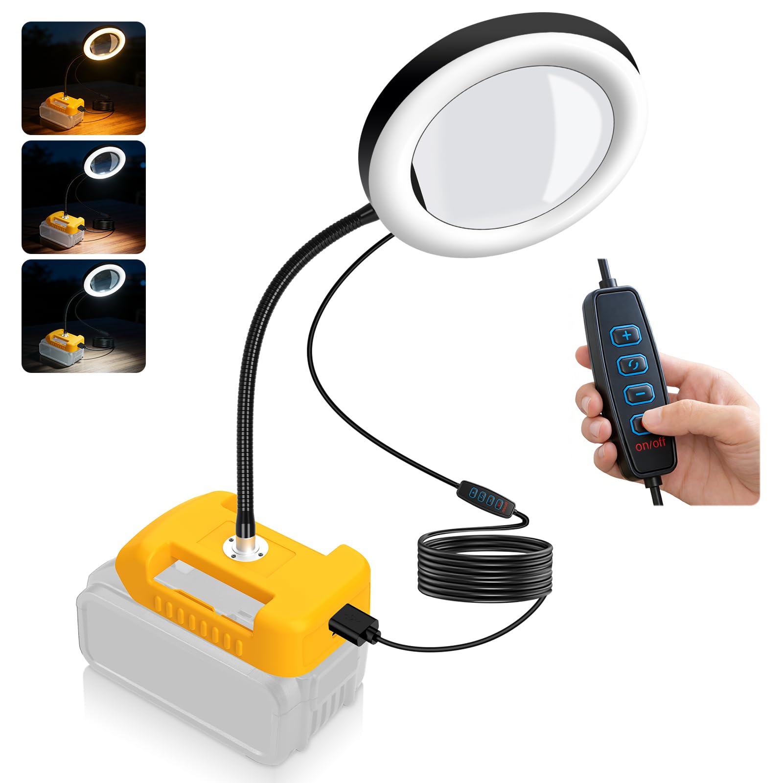 8X Magnifying Glass with Light and Battery Adapter for DeWalt 20V Li-ion Battery, 72 LED 3 Color Modes Stepless Dimmable Desk Lamp, Hands Free Flexible Gooseneck Magnifier for Close Works Crafts Hobby-image-29
