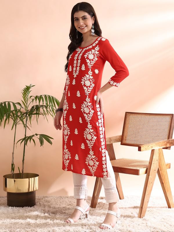 Image of Vaamsi Women's Viscose Rayon Solid Embroidered Straight Kurta | Chikankari Kurta for Women