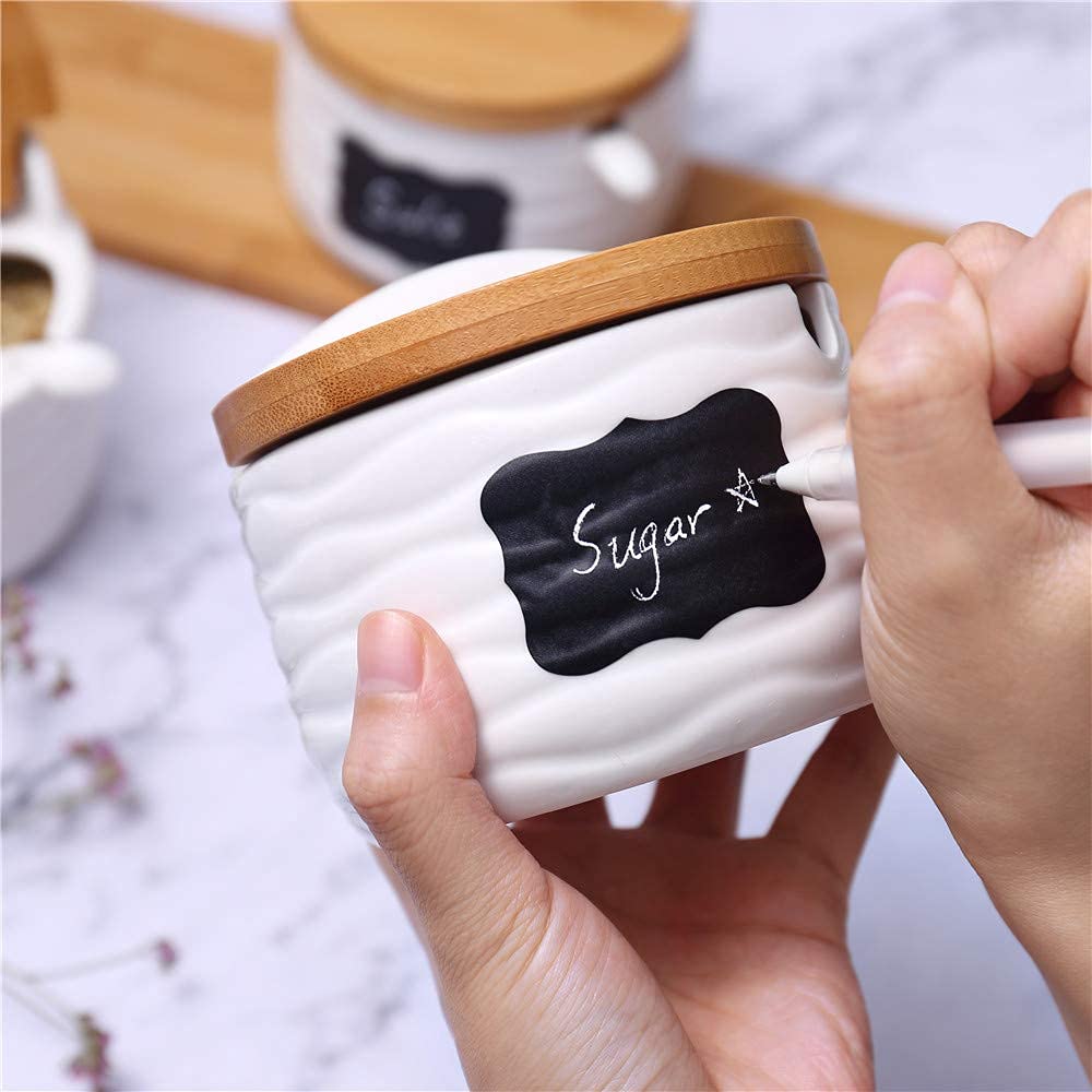 Ceramic Sugar Bowl with Bamboo Lids and Spoons Serving Tray, Porcelain Sugar Container for Sugar Tea Coffee Spice,Salt Condiment with Chalkboard Labels for Home Kitchen ,9.1 fl oz 270 ML,3PCS