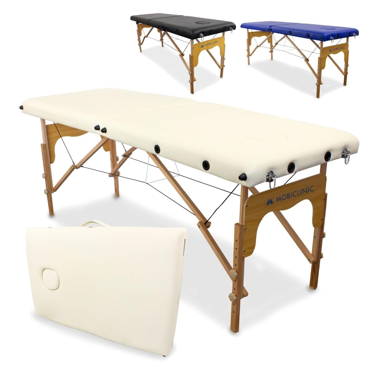 Mobiclinic®, Lettino per Fsioterapia, Massaggi, Estetica, CM-01 Basic, Marchio Europeo, Portatile, Pieghevole, Marcatura ce, Professionisti, Legno, 180x60 cm, Color crema