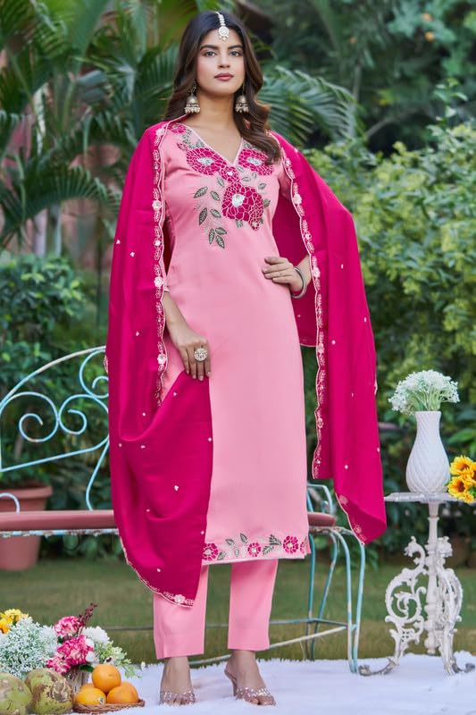 Image of Women's Baby Pink Kurti Pant Set with Dupatta | V-Neck Floral Embroidered Straight Kurta Set for Women | Festive Ethnic Suit Set For Women