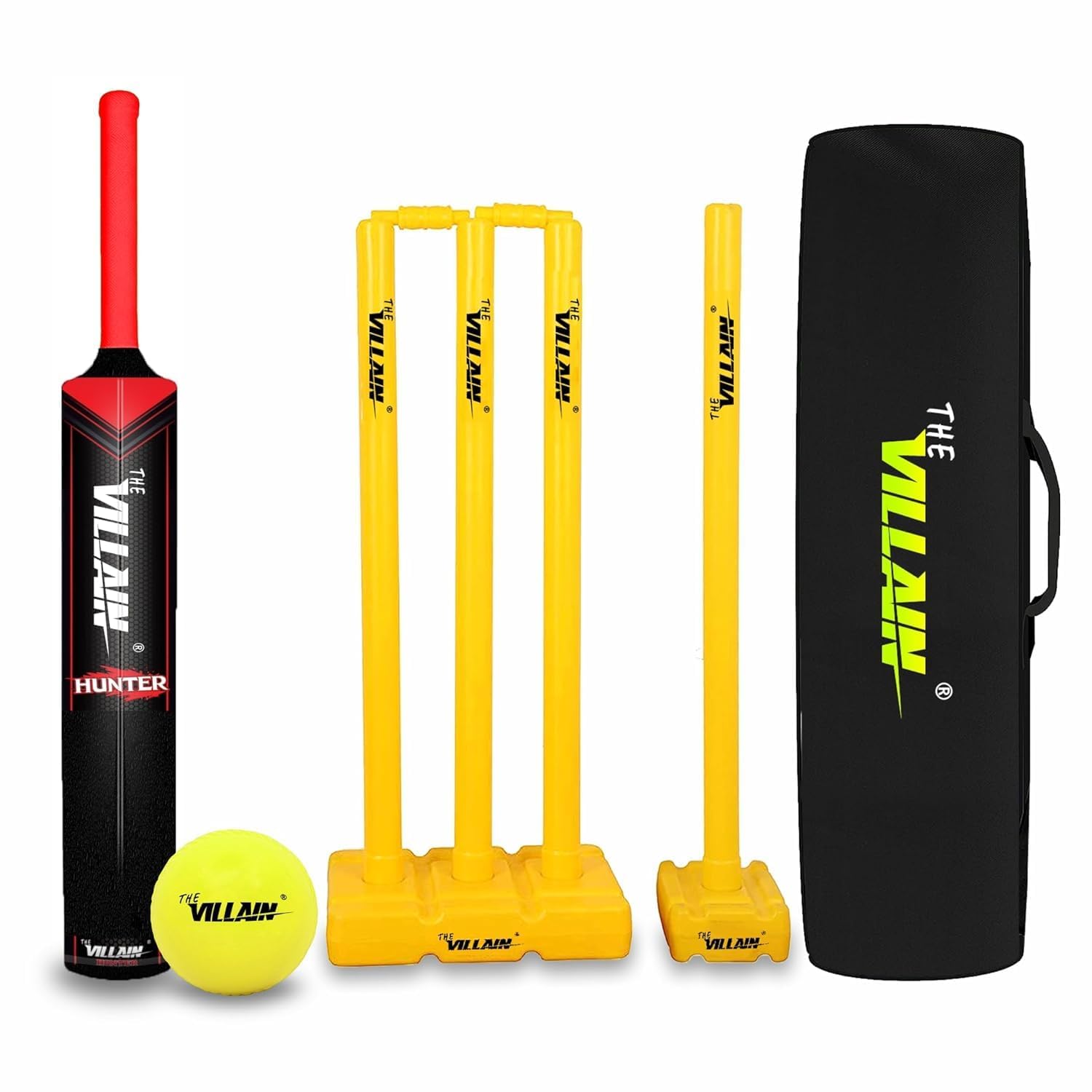THE VILLAIN Cricket Set 1 Plastic Bat + 4 Plastic Stumps + 1 Tennis Ball + 1 Cover | Full Size (Black-Red) | Complete Set for Kids & Adults, Ideal for Beginners & Casual Play, Durable & Lightweight-image-18