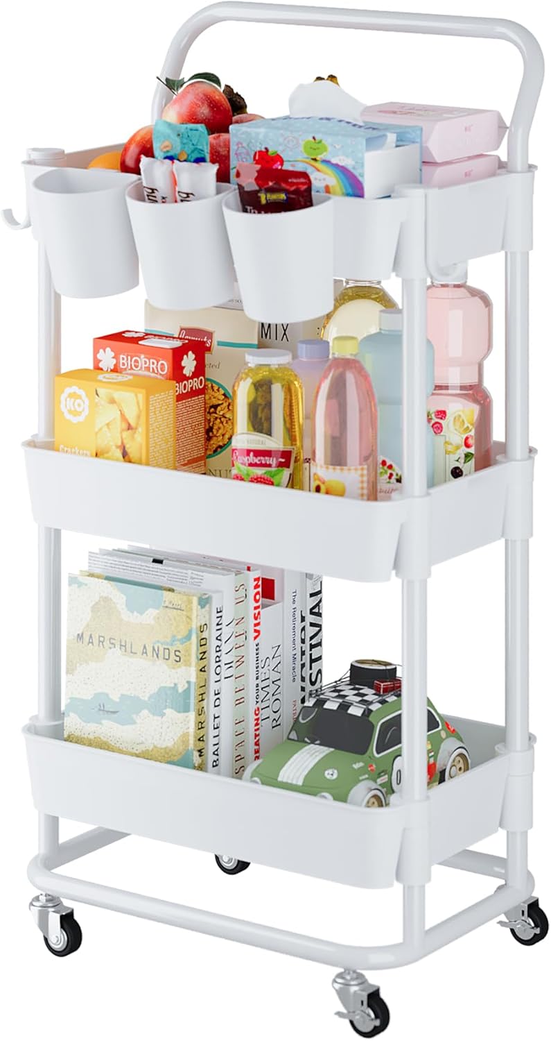 Buzowruil 3-Tier Rolling Utility Cart, Storage Cart with Handle Multi-Purpose and Locking Wheels,with Hanging Basket and Hook for Office, Kitchen, Bathroom,White