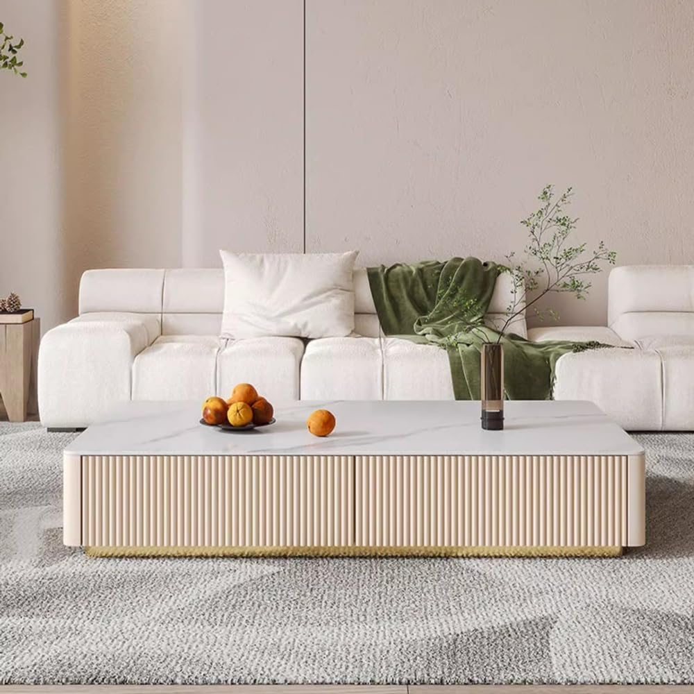 リビングテーブル 長方形コーヒーテーブル、スレートトップと4つの引き出し付きモダンなミニマリストコーヒーテーブル、リビングルームセン