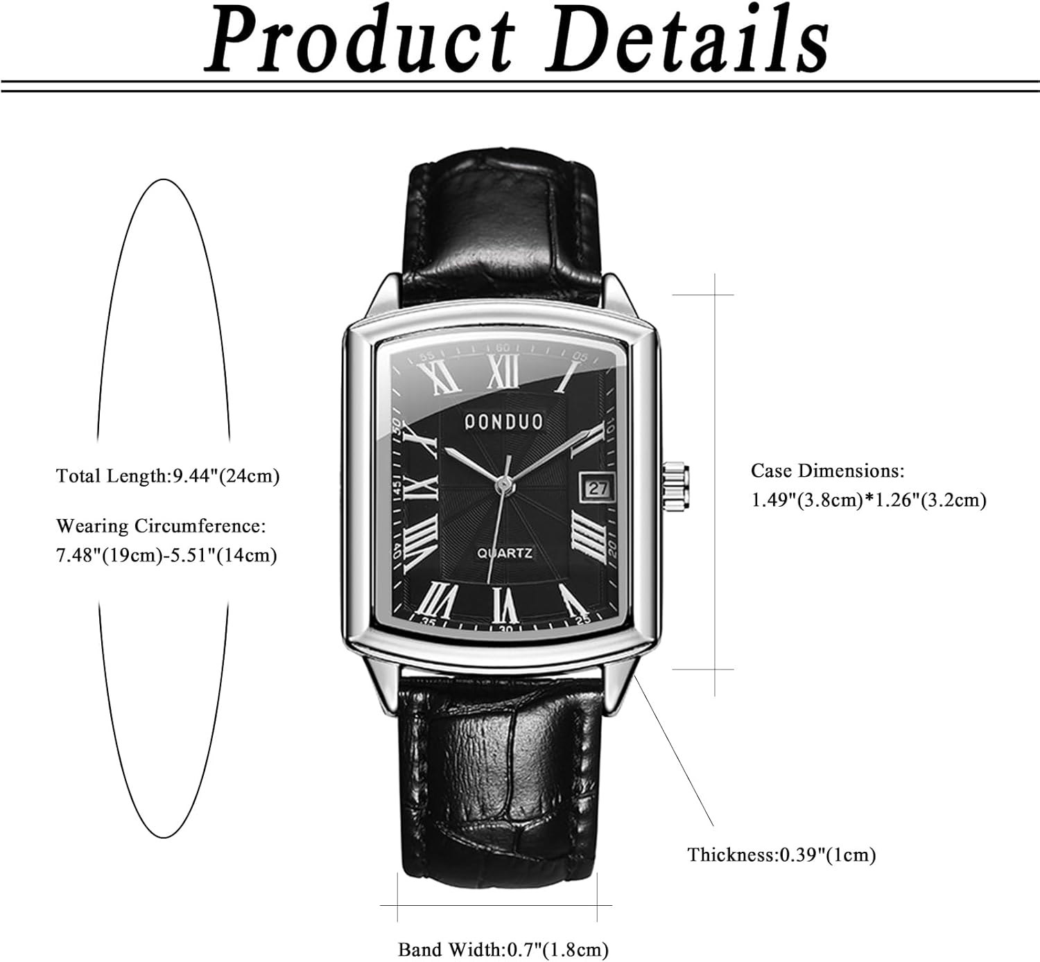 Lancardo Elegant Rectangular Mens Watch: Quartz Black Leather Strap Black Dial with Calendar Office Business Casual Valentines Day - Image 3